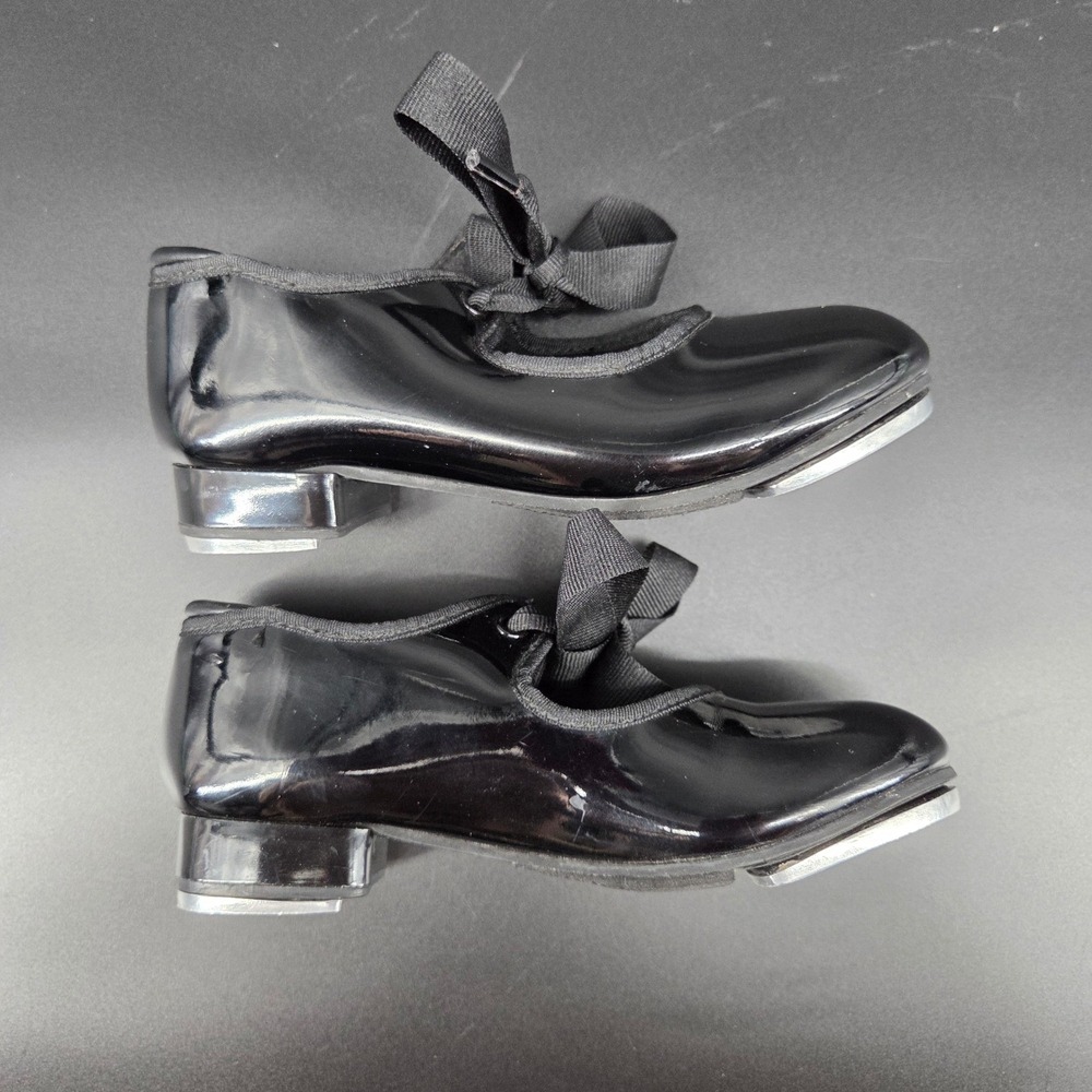 Weissman Black Patent Tap Shoes Ribbon Tie Girls Kids Dance - Picture 3 of 5